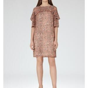 Reiss Womens Floral Above The Knee Ruffle Short Sleeve Mini Dress Lined US 8